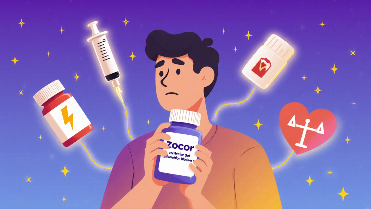 A patient considering cholesterol treatment options, with alternative therapies floating as illustrated pathways.