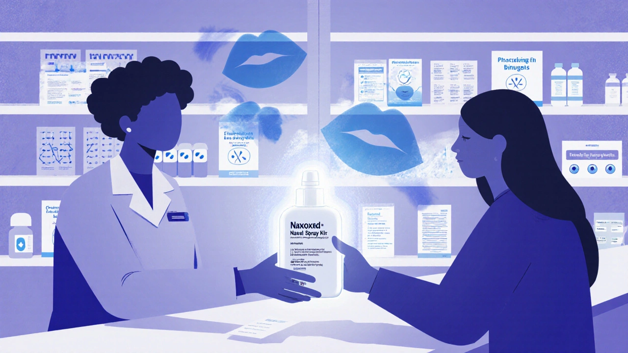 A pharmacist hands a naloxone kit to a customer at a pharmacy, with harm reduction supplies visible in the background.
