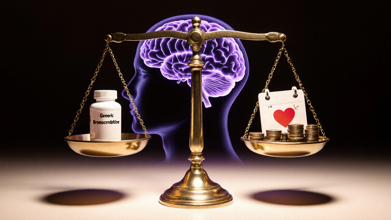 Balance scale weighing bromocriptine against cost, convenience, and safety symbols.