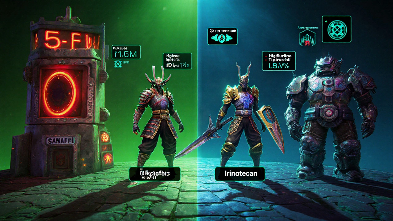 Battle arena showing drug avatars for 5‑FU, Tegafur, S‑1, Lonsurf, and Irinotecan.