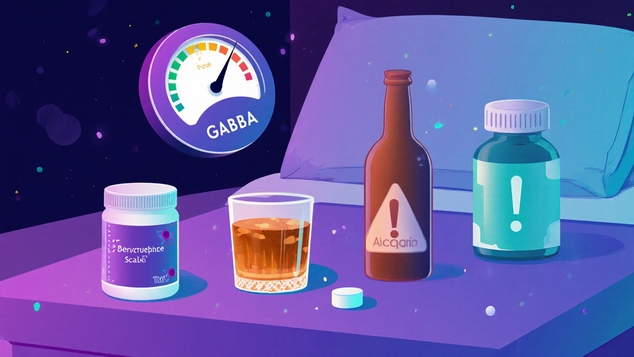 Bedside table with benzodiazepine, barbiturate, alcohol, GABA and a sleepiness scale.