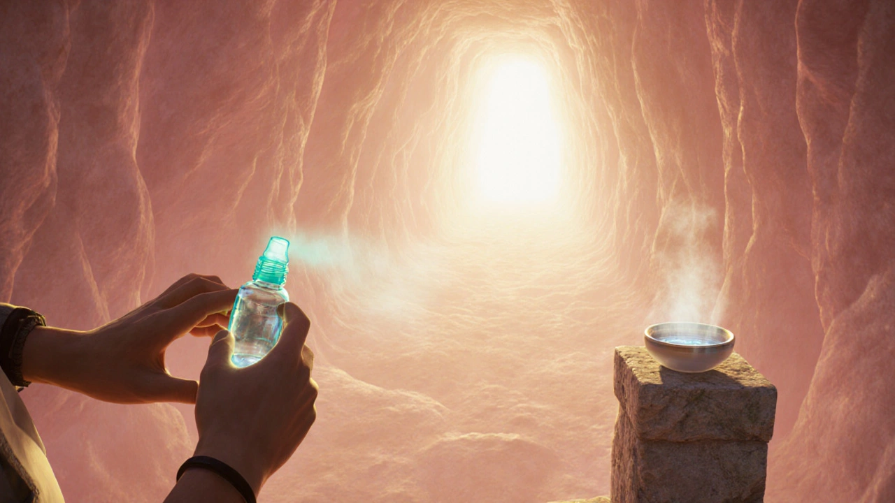 Calm character using spray in a bright, open sinus cavern with decongestant vial nearby.