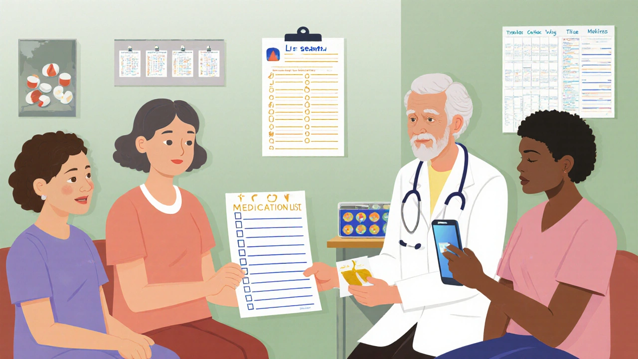 Caregiver handing a printed medication list to a nurse in a clinic while another person shows a digital version on their phone.