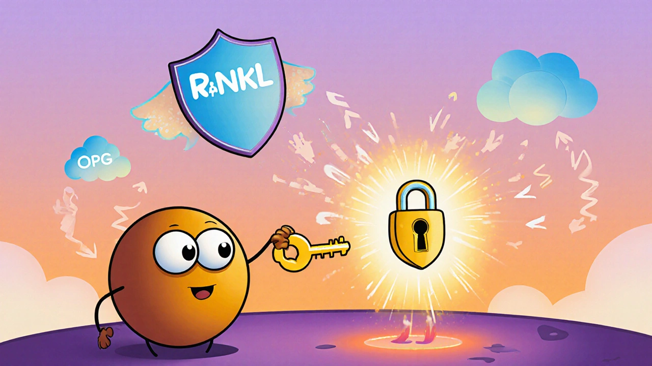 Cartoon of RANKL key binding to osteoclast receptor with OPG shield in gradient background.
