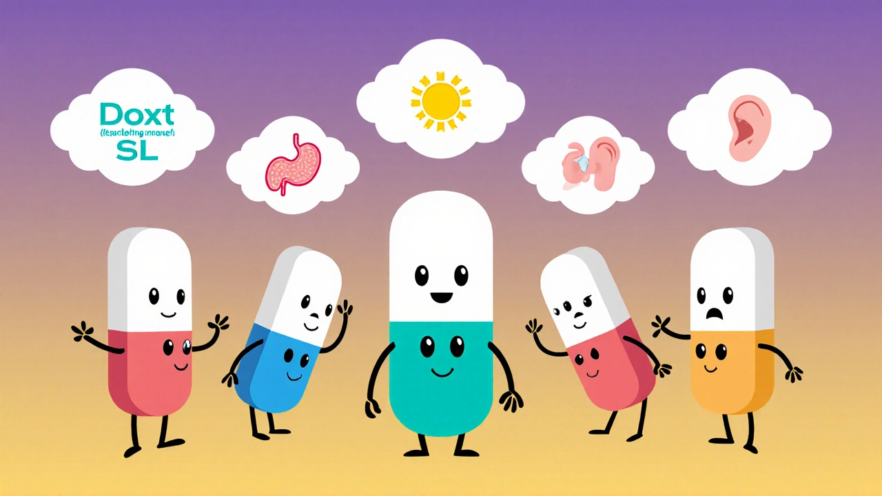 Cartoon pill characters displaying key traits of five antibiotics.