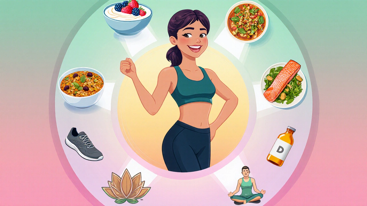 Cheerful character surrounded by anti‑inflammatory foods, exercise, meditation and supplements in gradient tones.