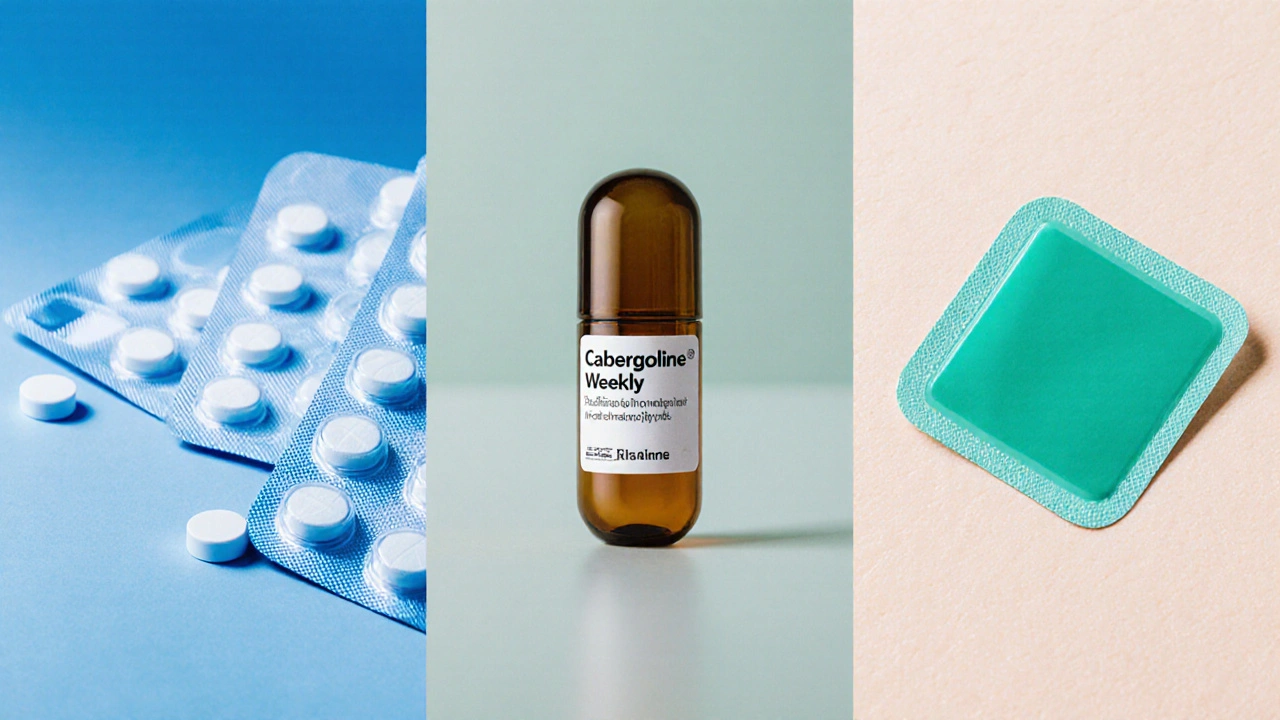 Collage showing bromocriptine tablets, cabergoline capsule, and rotigotine patch.