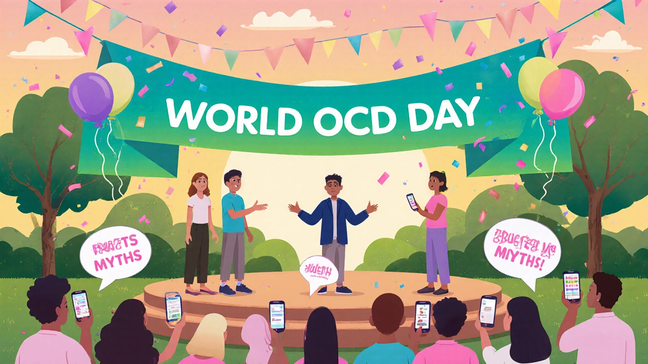 Community World OCD Day event with banner, diverse crowd, and educational messaging.