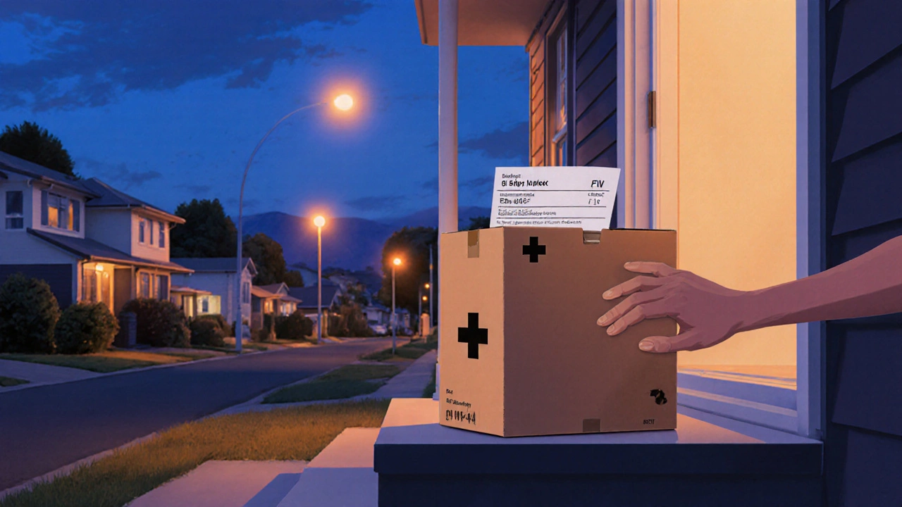 Delivery box with medication being handed over at a New Zealand doorstep.