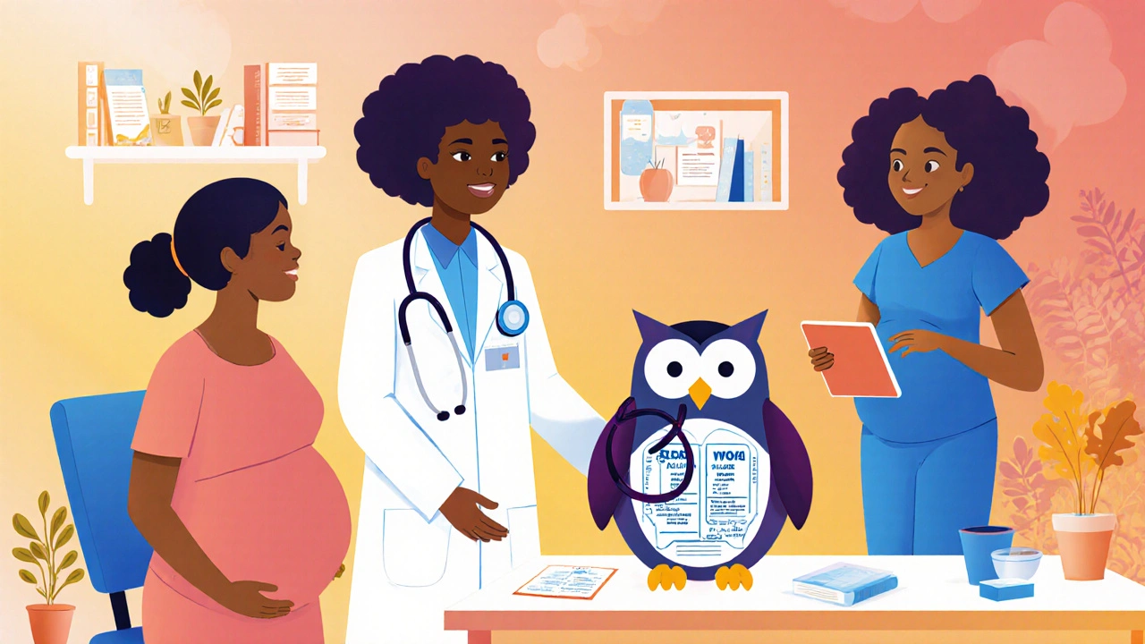 Diverse pregnant people consulting healthcare providers with a MotherToBaby owl mascot and FDA drug labels.