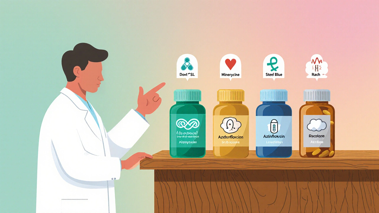 Doctor at a counter with assorted pill bottles and small icons indicating side‑effects.