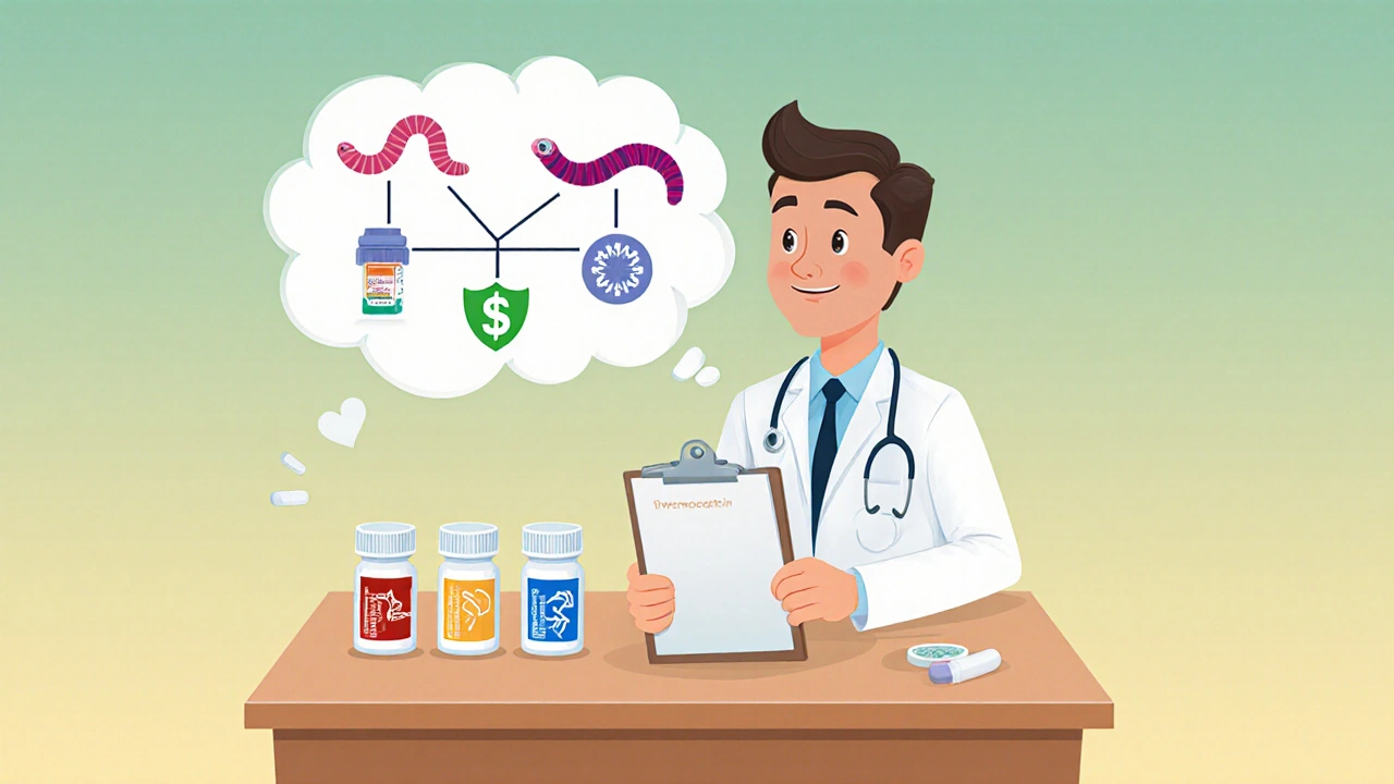Doctor at a desk choosing between pill bottles with a thought bubble showing infection types and factors.
