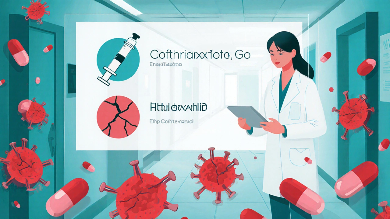 Doctor reviewing antibiotic icons as resistant bacteria swarm in a clinic hallway.
