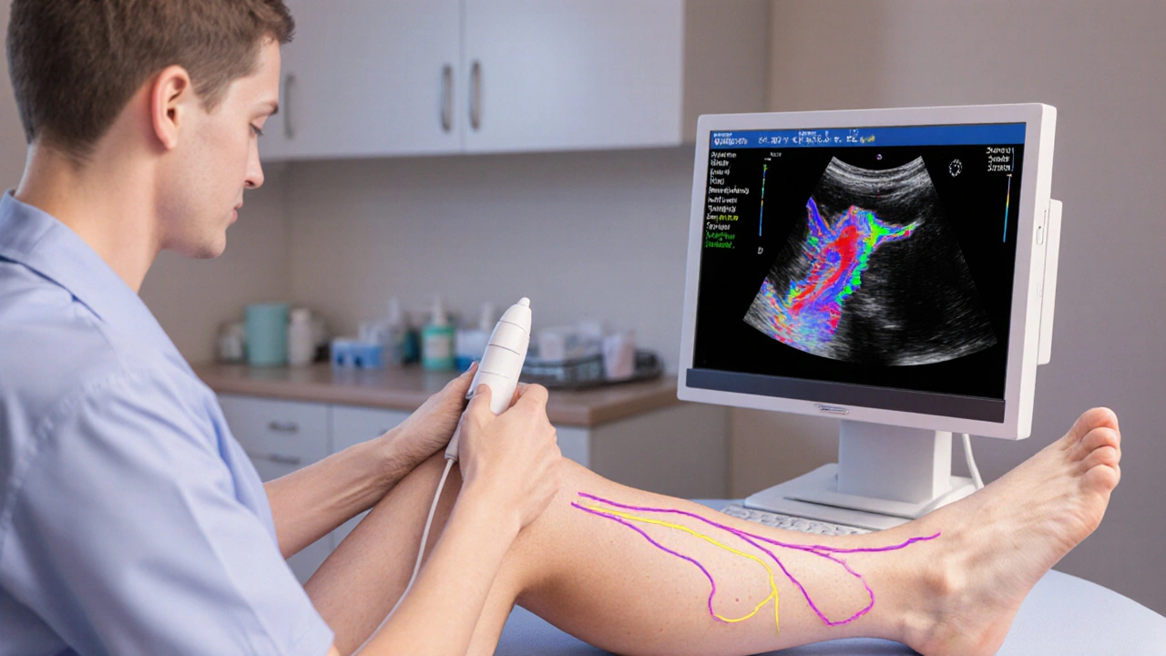 Doctor using duplex ultrasound on a patient&#039;s leg in an exam room.