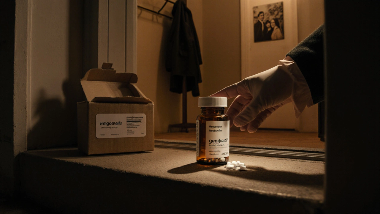Evening doorstep with parcel revealing a bottle of generic metformin tablets.