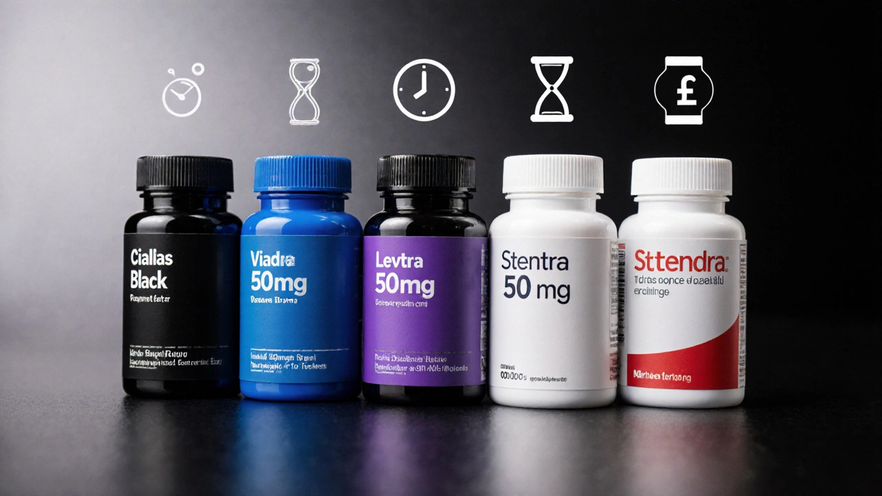 Five different ED pill bottles arranged side by side with icons for onset, duration, and price.