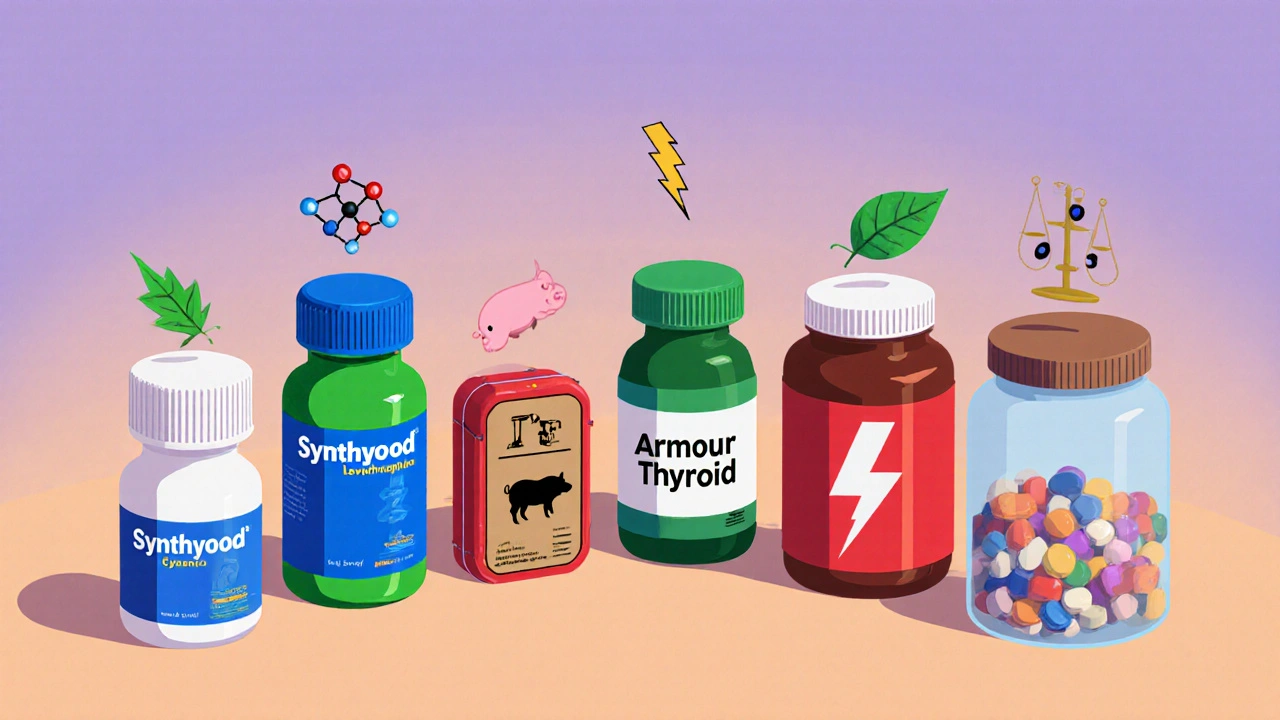 Five different thyroid medication bottles displayed on a gradient table with visual cues.
