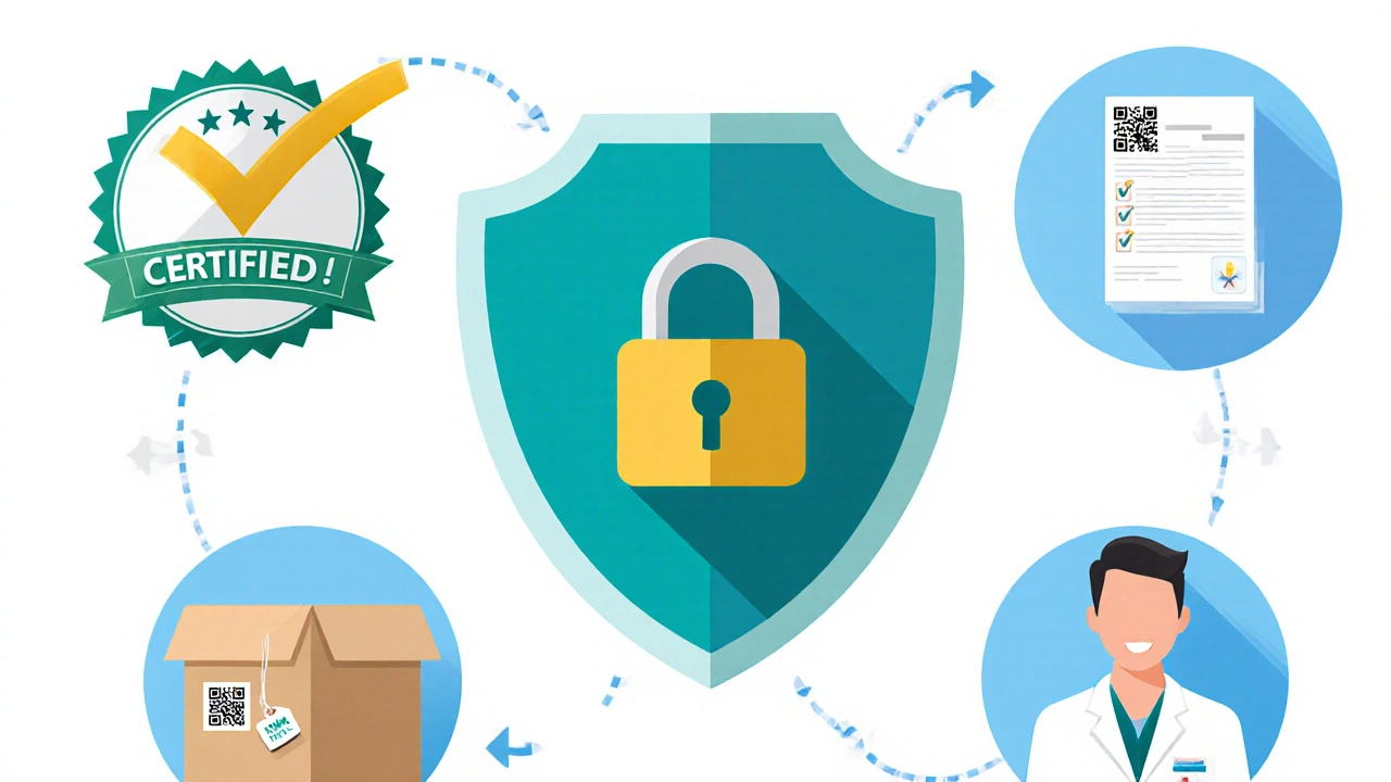 Flat illustration of safety icons: shield, lock, badge, prescription, shipping box, pharmacist.