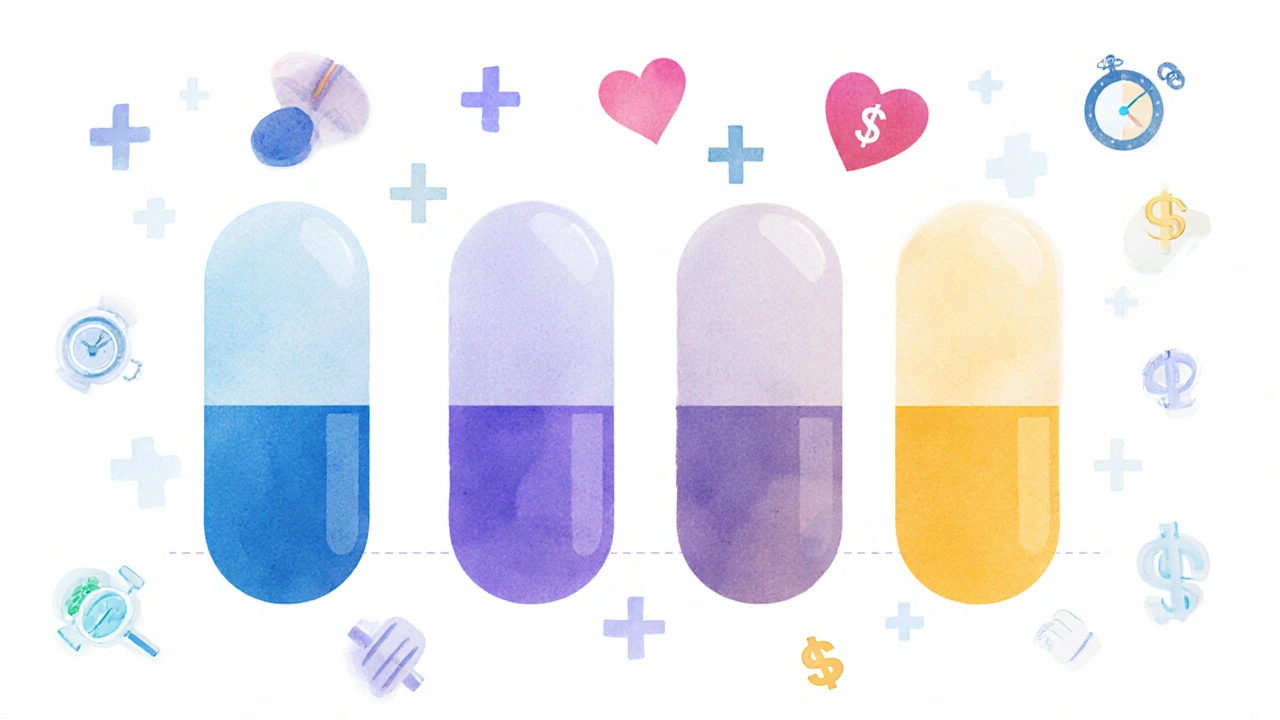 Four statin pills compared by size and color, with icons for side effects, cost, and timing in gradient style.