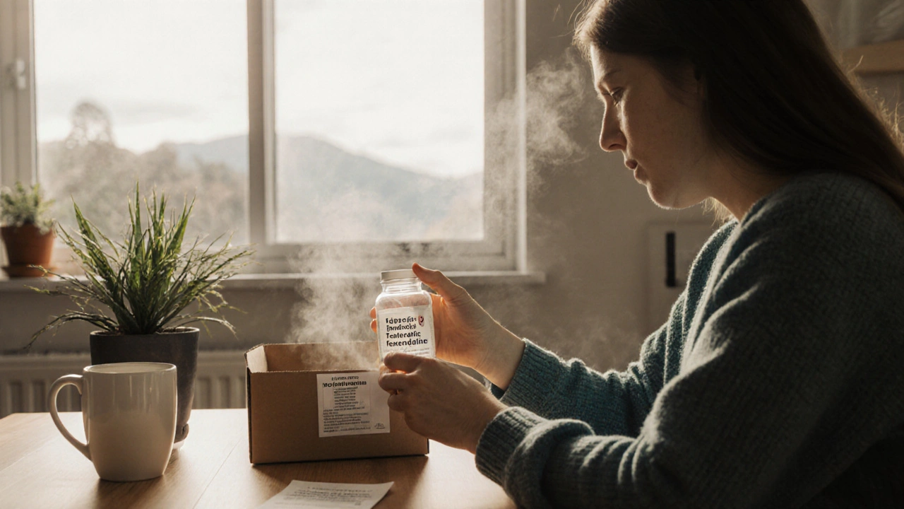 Happy person opening a parcel with generic allergy tablets at home.