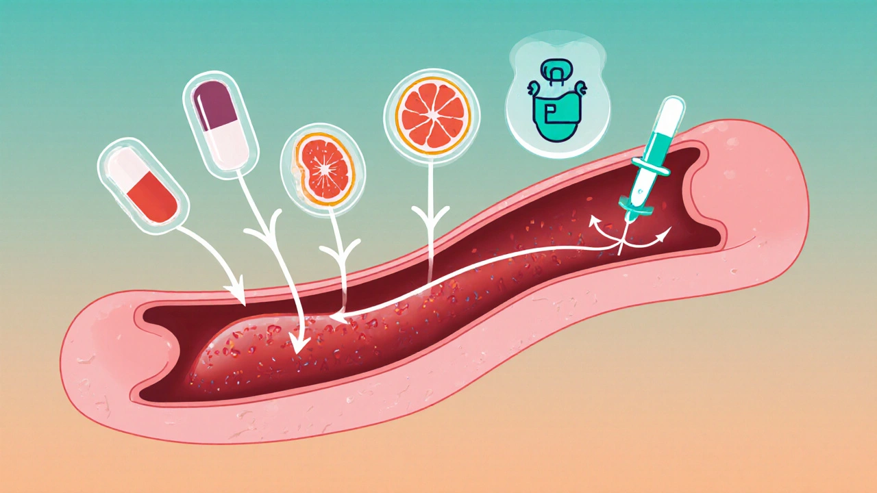 Illustrated artery relaxing with icons of nitrates, alpha‑blockers, grapefruit, and antibiotics.
