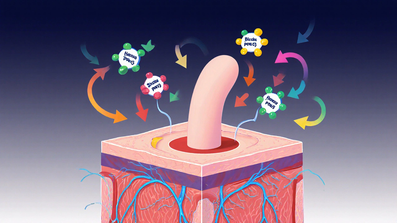 Illustration of a penile cross-section showing relaxed muscles and increased blood flow.