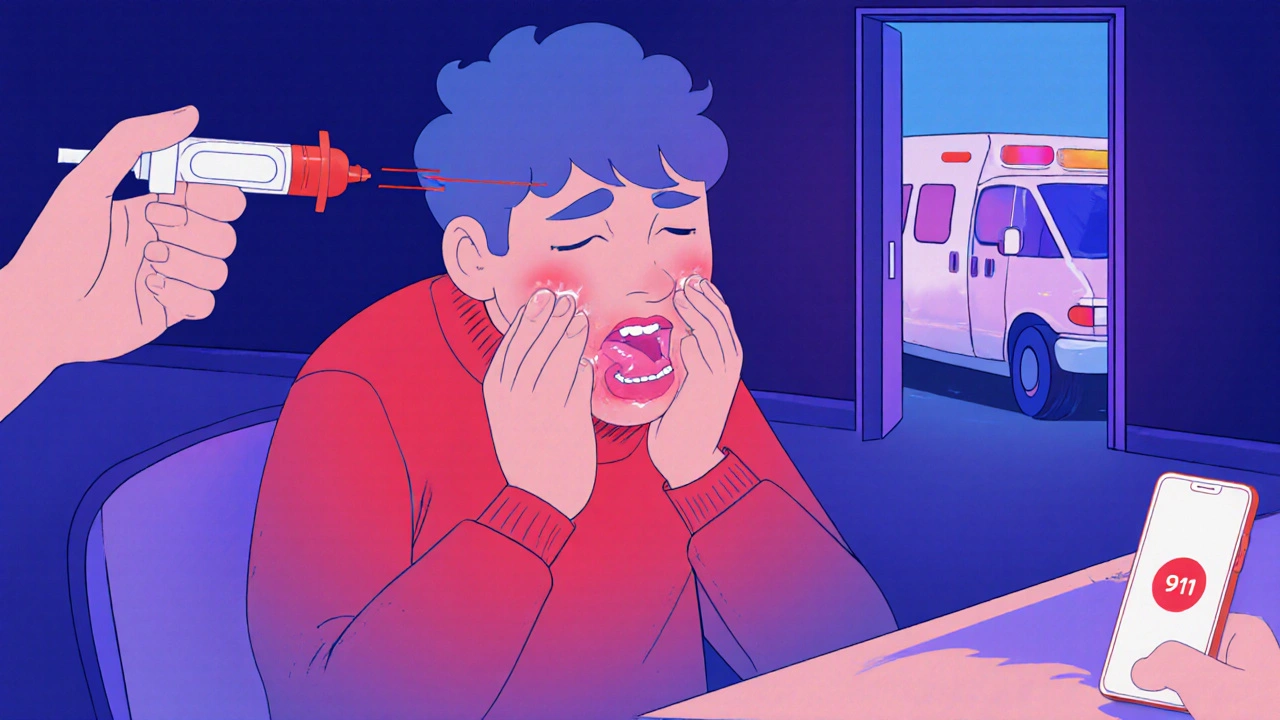 Individual receiving epinephrine injection during anaphylaxis, with an ambulance arriving.