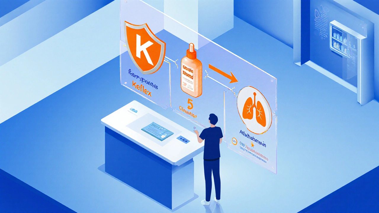 Isometric scene of a patient at a pharmacy kiosk viewing a holographic antibiotic decision flow.