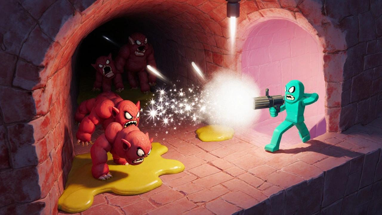 Isometric sinus battle with heroic spray character shrinking red histamine goblins.