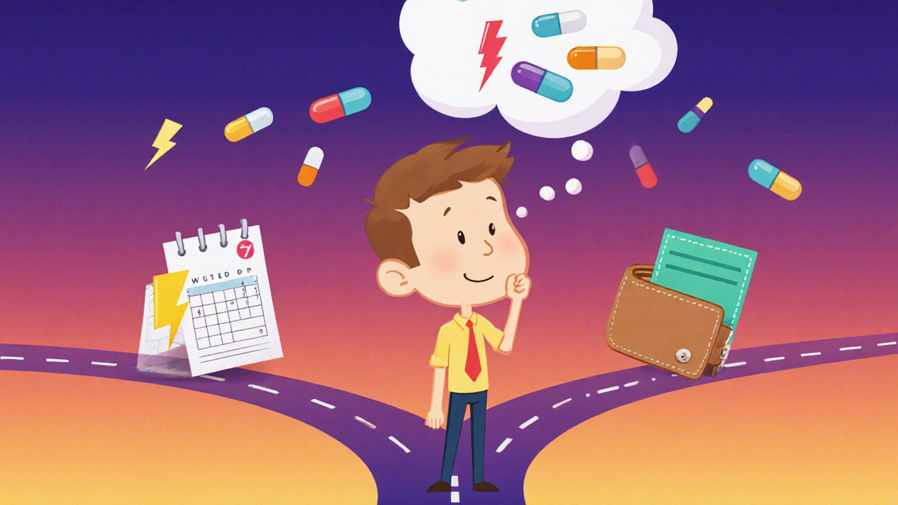 Man at a forked path choosing between fast onset, long duration, and low-cost pills.