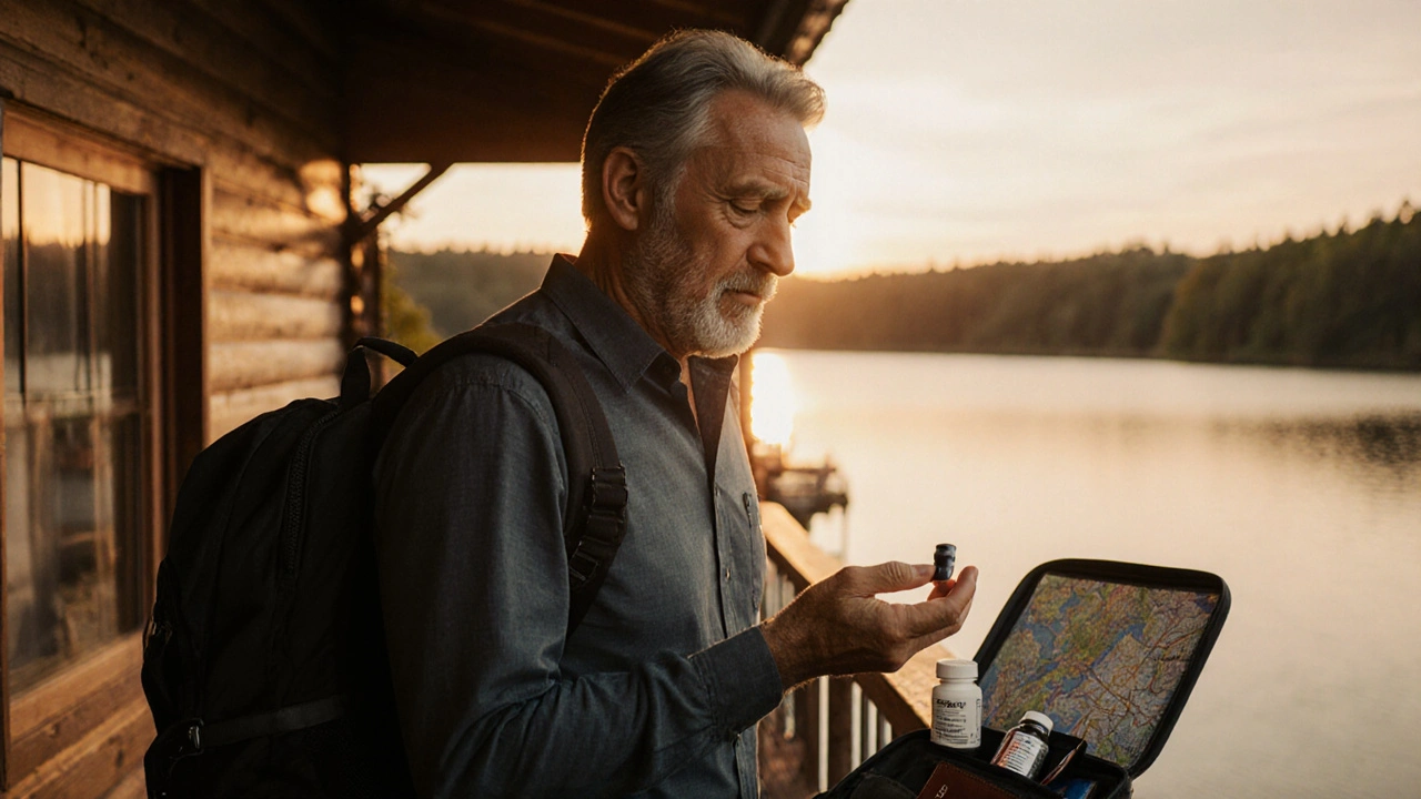 Man on cabin balcony holding a Cialis Black pill, reflecting on medication choices at sunset.