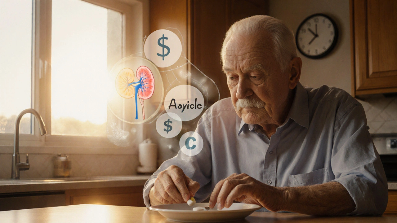 Older adult taking Avalide with floating kidney, potassium, and cost icons.