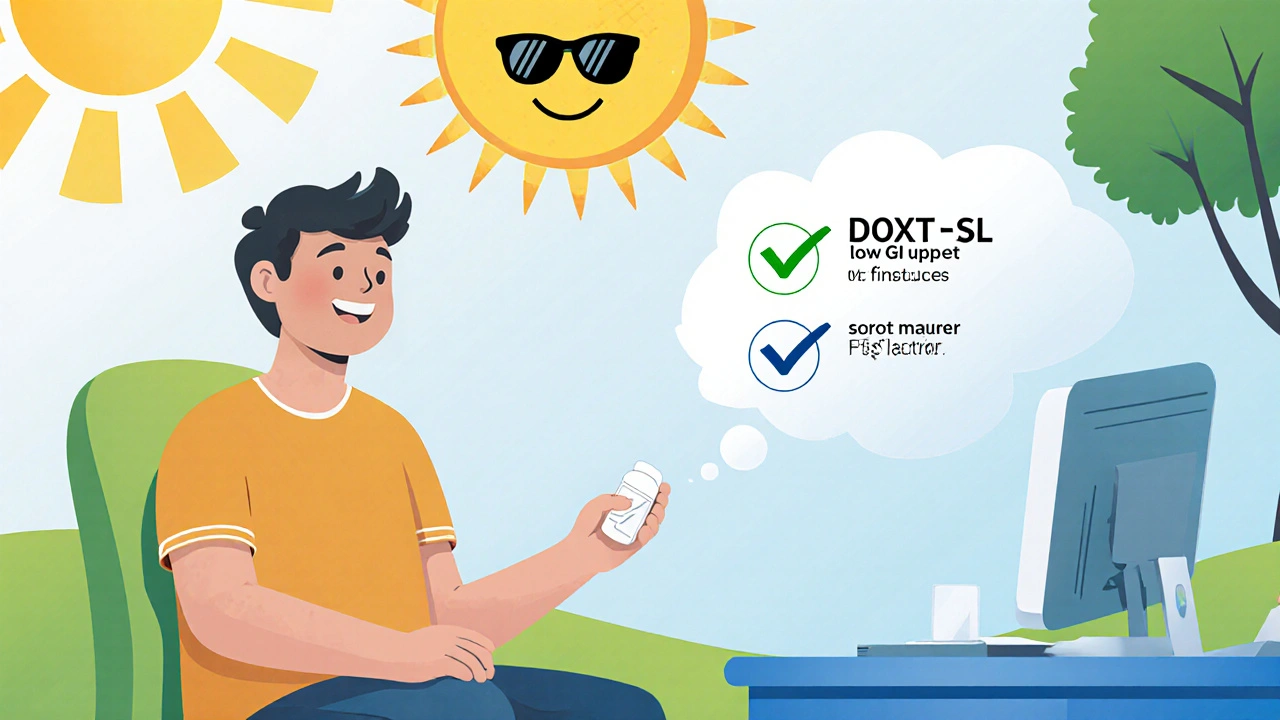 Patient and doctor discussing Doxt‑SL with sun and thought bubbles.