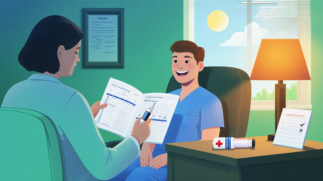 Patient and doctor in a calm office reviewing a medication reaction checklist and epinephrine.