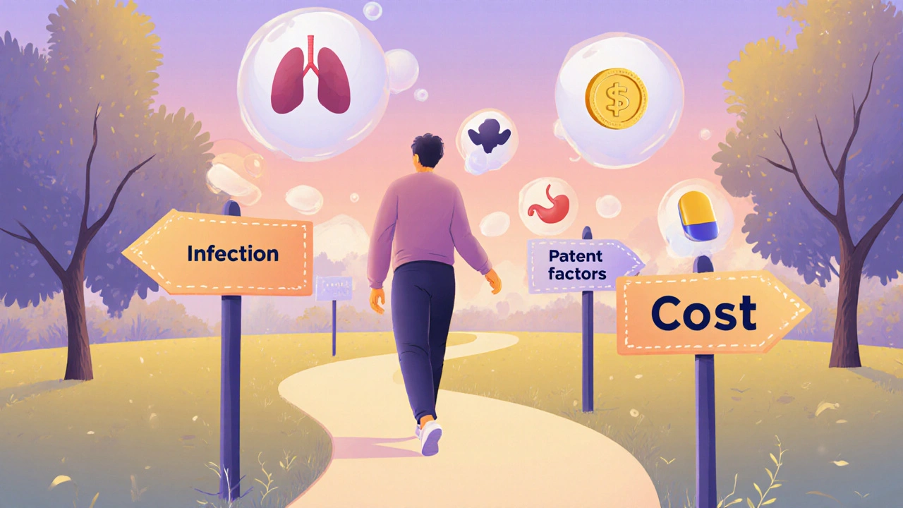 Patient walking along a gradient‑colored path with signpost icons representing treatment decisions.