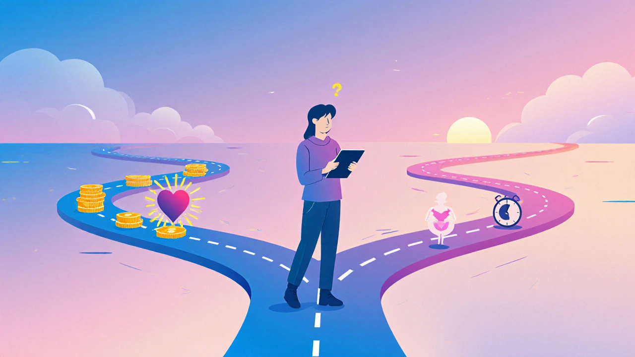 Person at a crossroads with paths symbolizing cost, symptom relief, pregnancy, and convenience.
