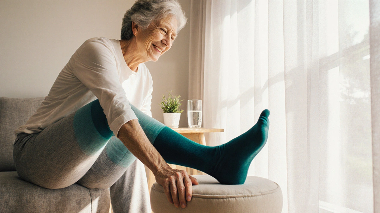 Person wearing compression stockings, elevating leg and doing calf raises at home.