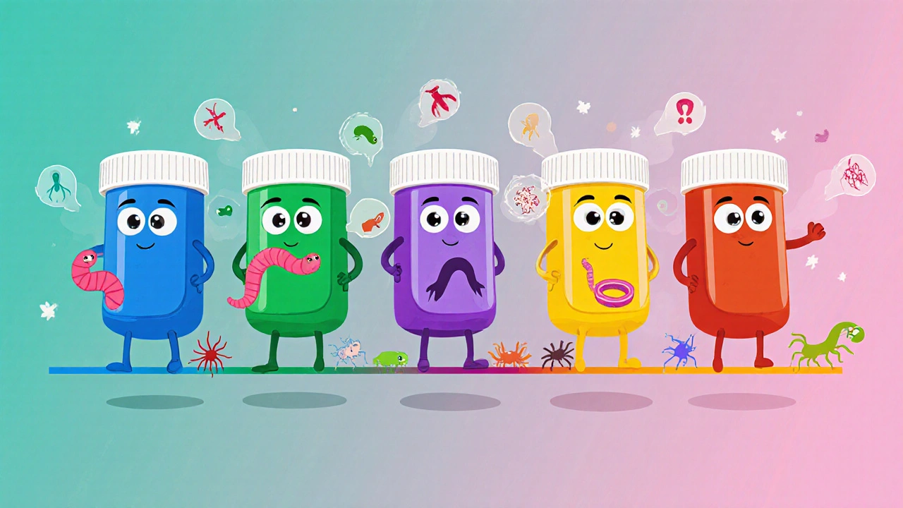 Six cartoon pill bottles each holding icons of their target parasites, arranged side by side.