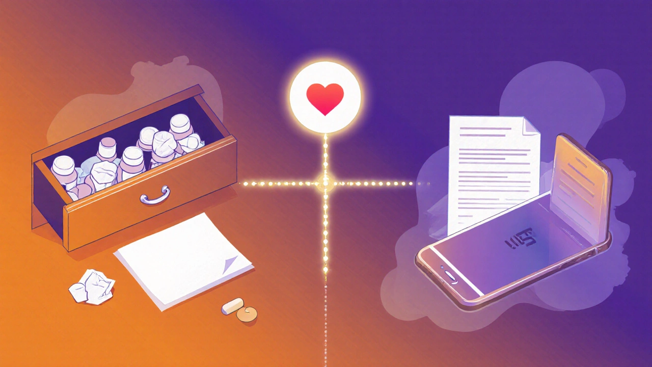 Split scene: messy drawer with scattered pills vs. organized wallet and phone with digital list, connected by a glowing gradient path.