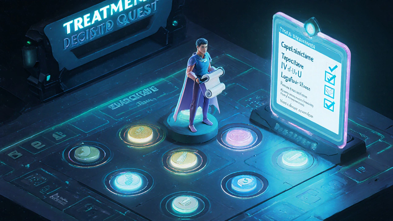 Strategic board with treatment tokens and a checklist for choosing therapy.