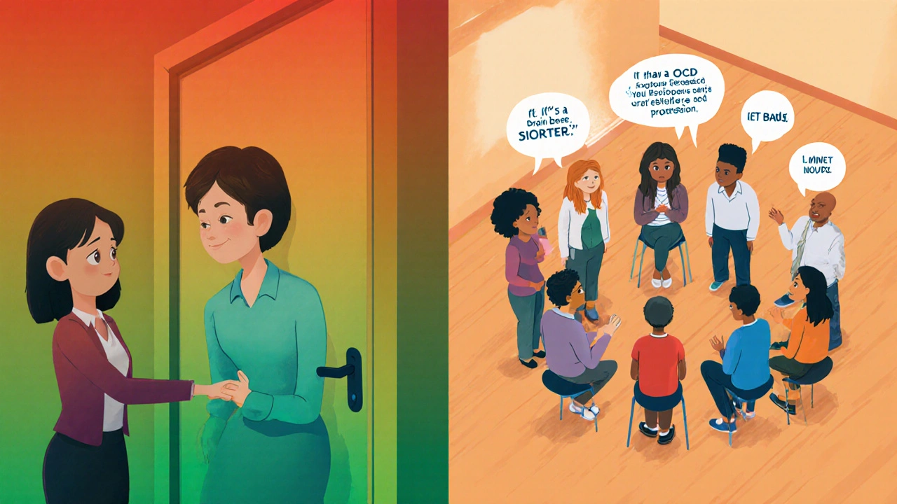 Therapist and client practicing exposure therapy, support group members share facts.