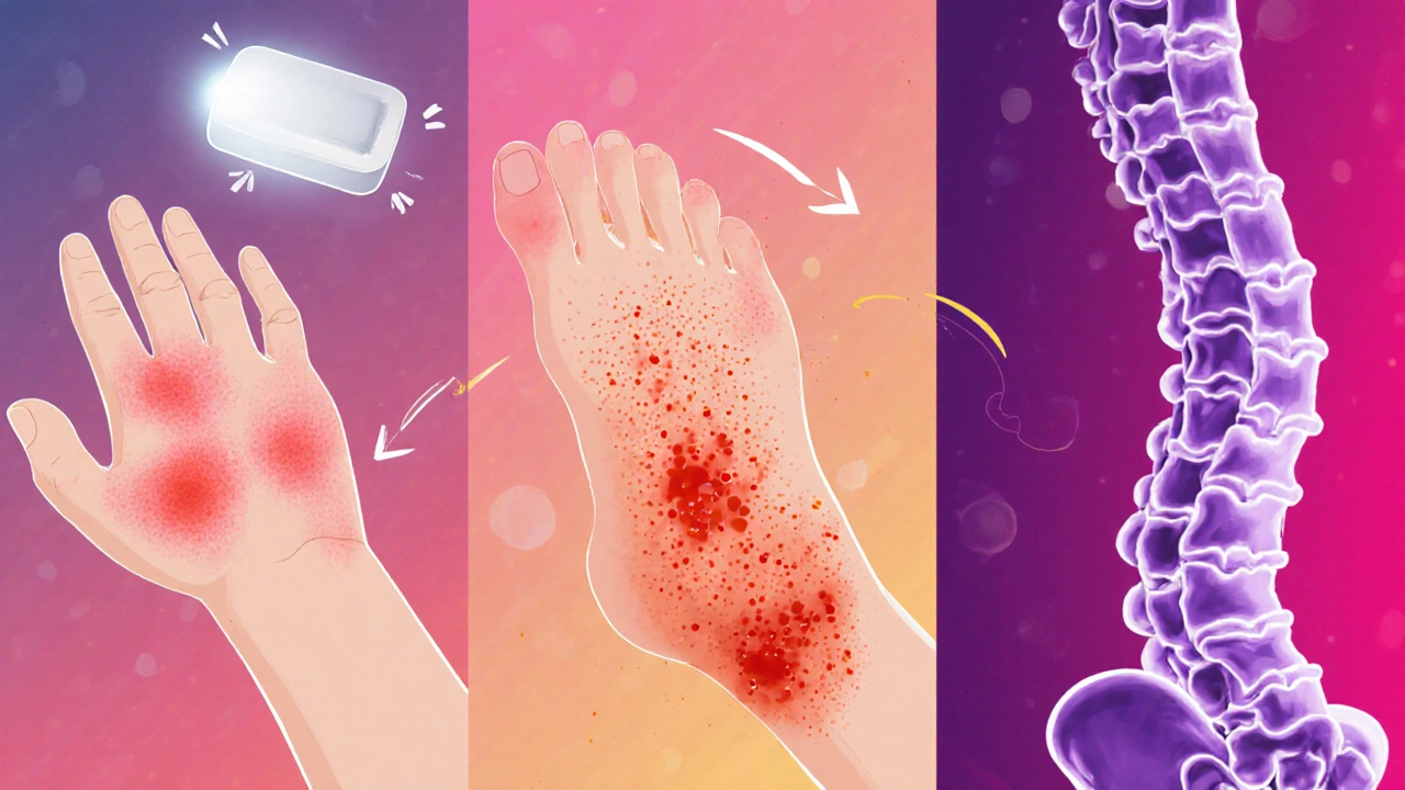 Triptych cartoon showing joint relief in RA, PsA, and AS with Baricitinib tablets.