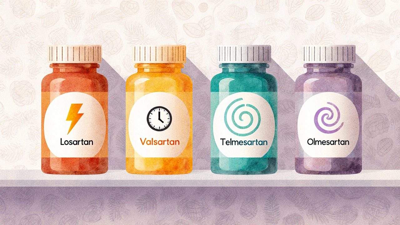 Watercolor shelf of ARB medication bottles with visual cues for each drug.