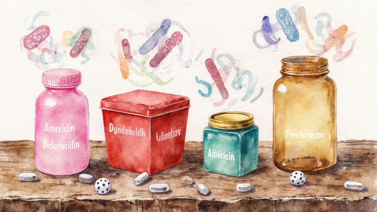 Watercolor spread of five antibiotic bottles with pills and floating gram‑positive and gram‑negative bacteria silhouettes.