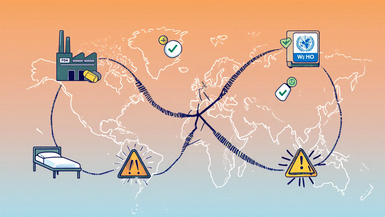 A fragile global drug supply chain cracking under inspection, with AI and WHO symbols beginning to repair it.
