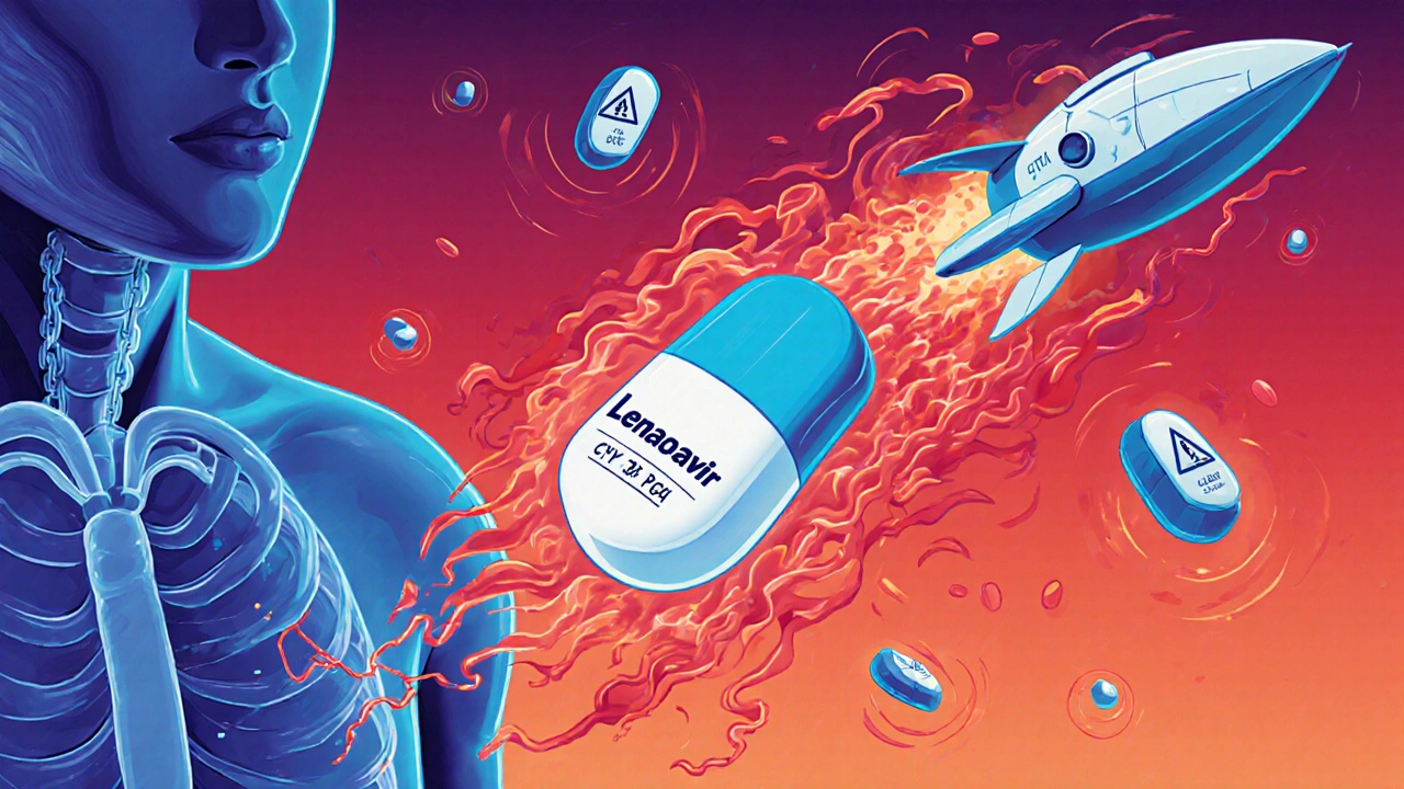 A futuristic antiviral pill smoothly passing through the body, avoiding enzyme barriers while older pills face chaotic interactions.