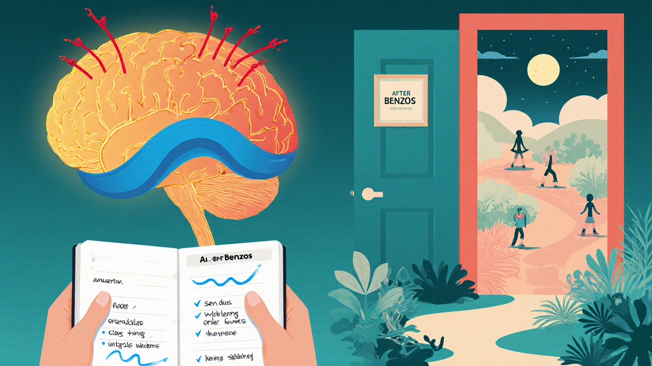 A glowing brain shifting from anxiety to calm, with goals written in a journal and a peaceful garden behind a door.