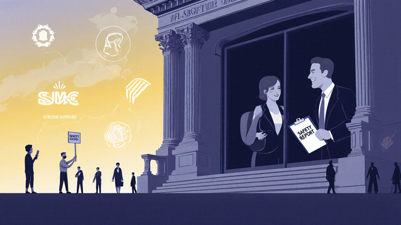 A lone citizen outside a building where industry lobbyists influence regulators, surrounded by towering corporate logos.