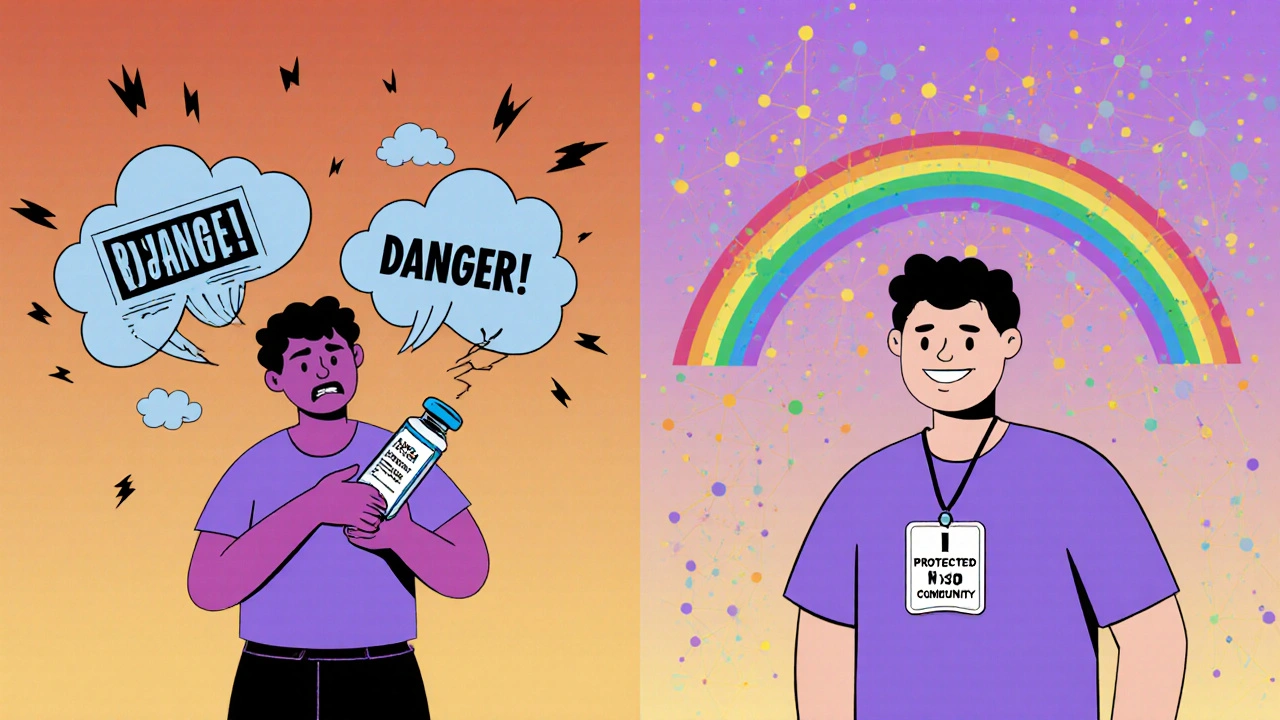 A person overcoming fear of vaccines to become a community protector under a glowing network of safety data.