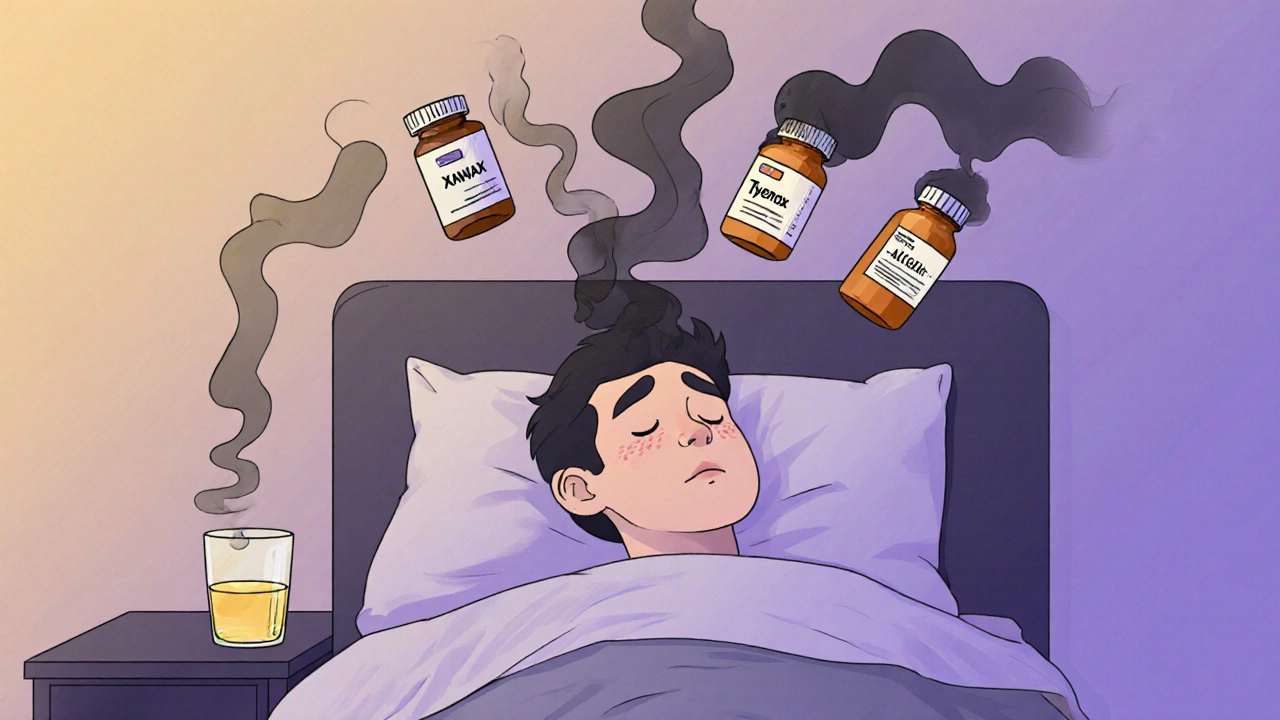 A person surrounded by medication bottles and an alcohol glass, with fading breath lines indicating respiratory danger.